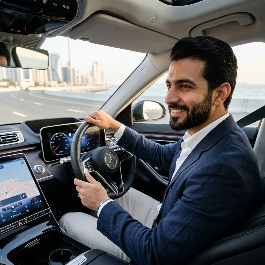 Interior view of driver in a luxury car